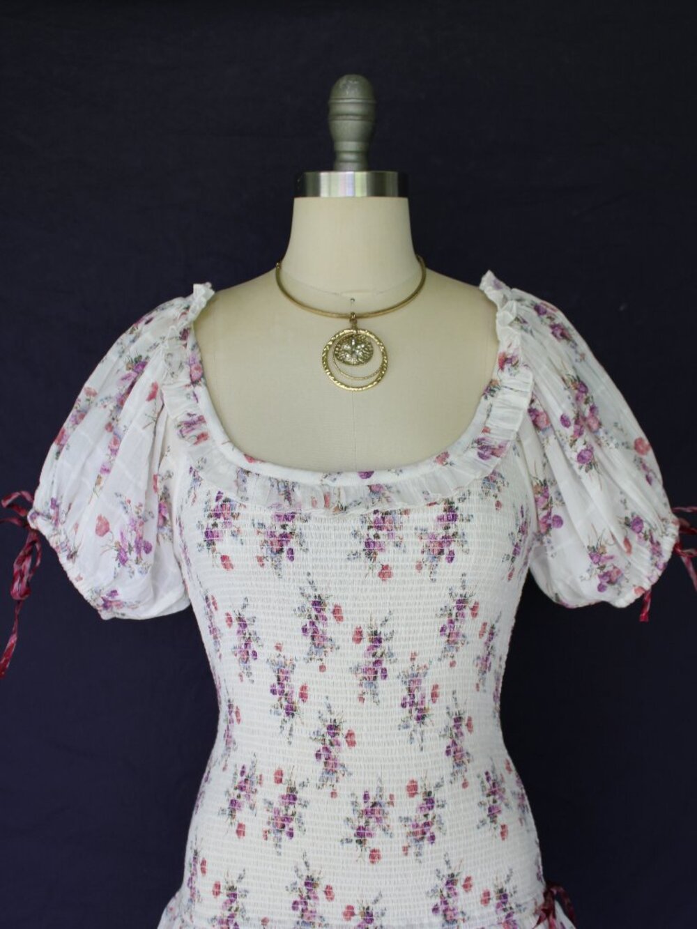 LoveShackFancy X AERIN Violet Smocked floral Puff Sleeve ruffle Mini tunic Dress - Picture 5 of 12